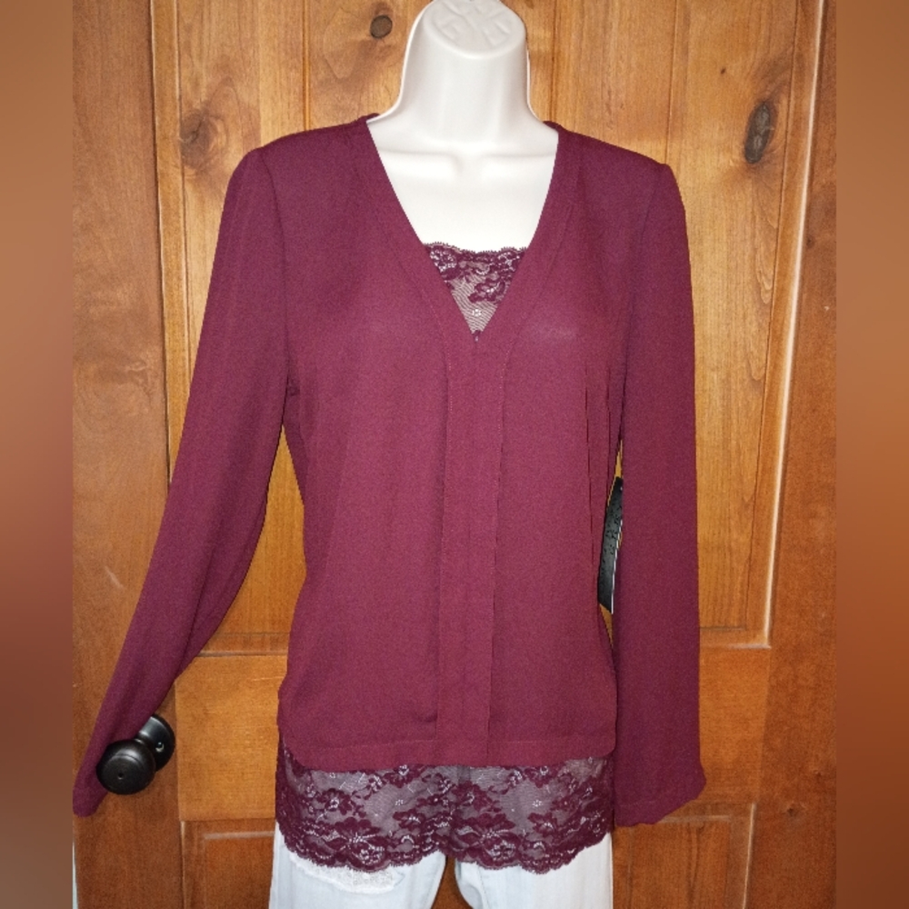 Ruff Hewn Maroon Lace Accent Blouse